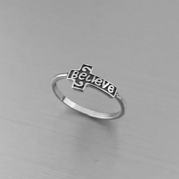 Sterling Silver Believe Sideway Cross Ring, Religious Jewelry, Silver Rings - Picture 1 of 8
